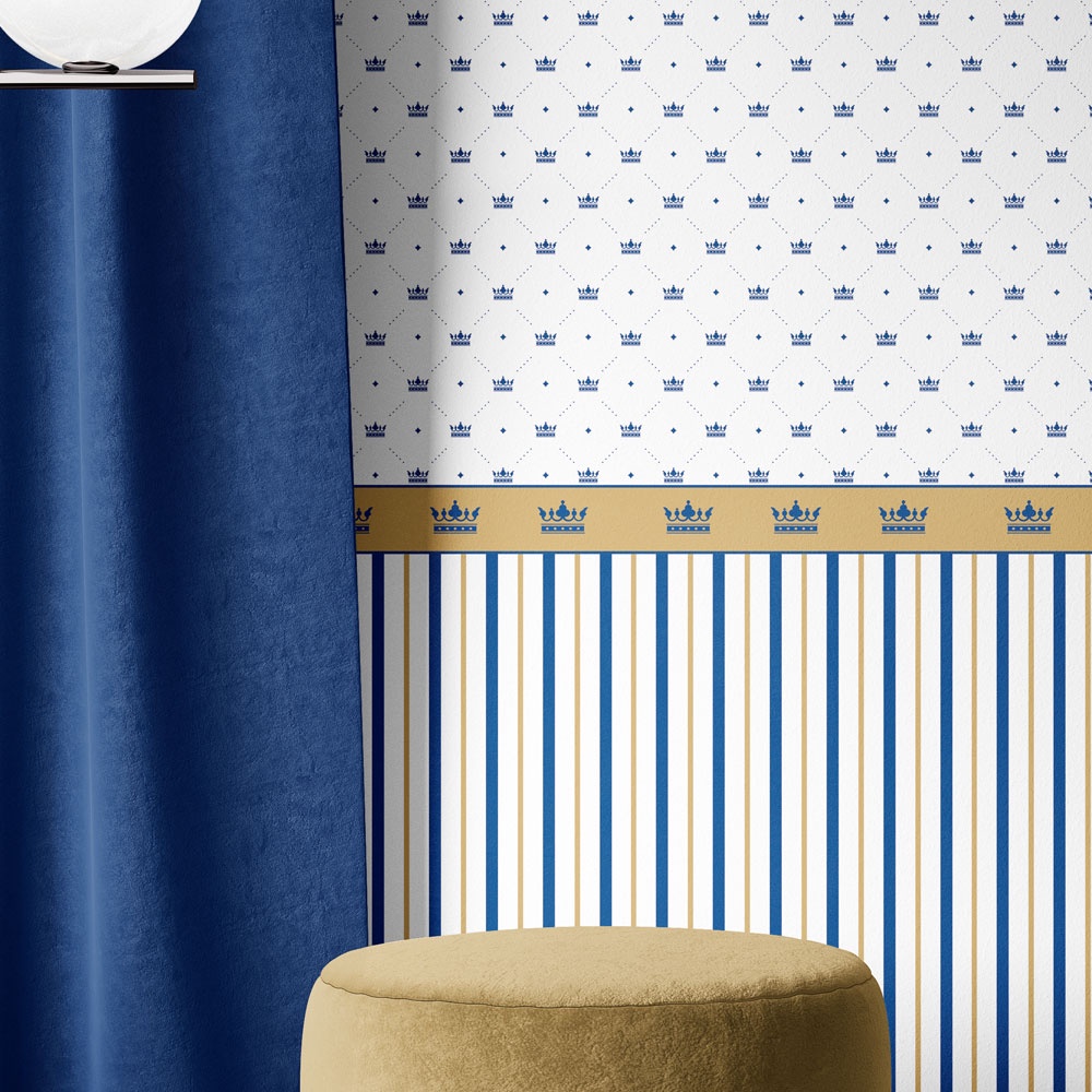 Papel De Parede Quarto Bebê Menino Azul Marinho Corôa Listra