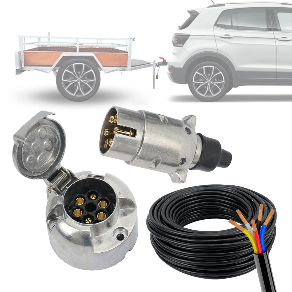 Kit Tomada Engate 6 Polos Carretinha Cromado + 5m Cabo PP 5x1mm Reboque Qualidade Carros Bivolt