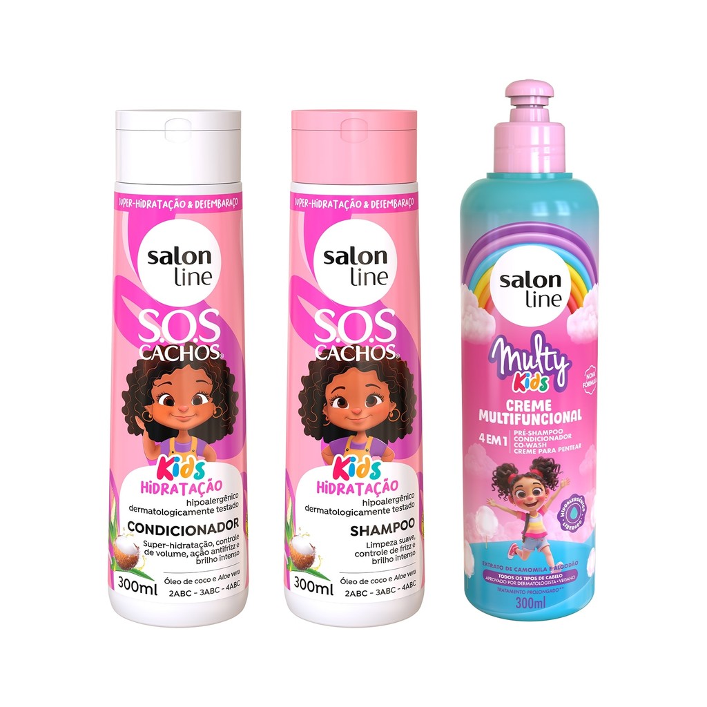 Kit Shampoo Condicionador SOS Cachos Kids Hidratação e Creme Multifuncional Multy Kids Salon Line