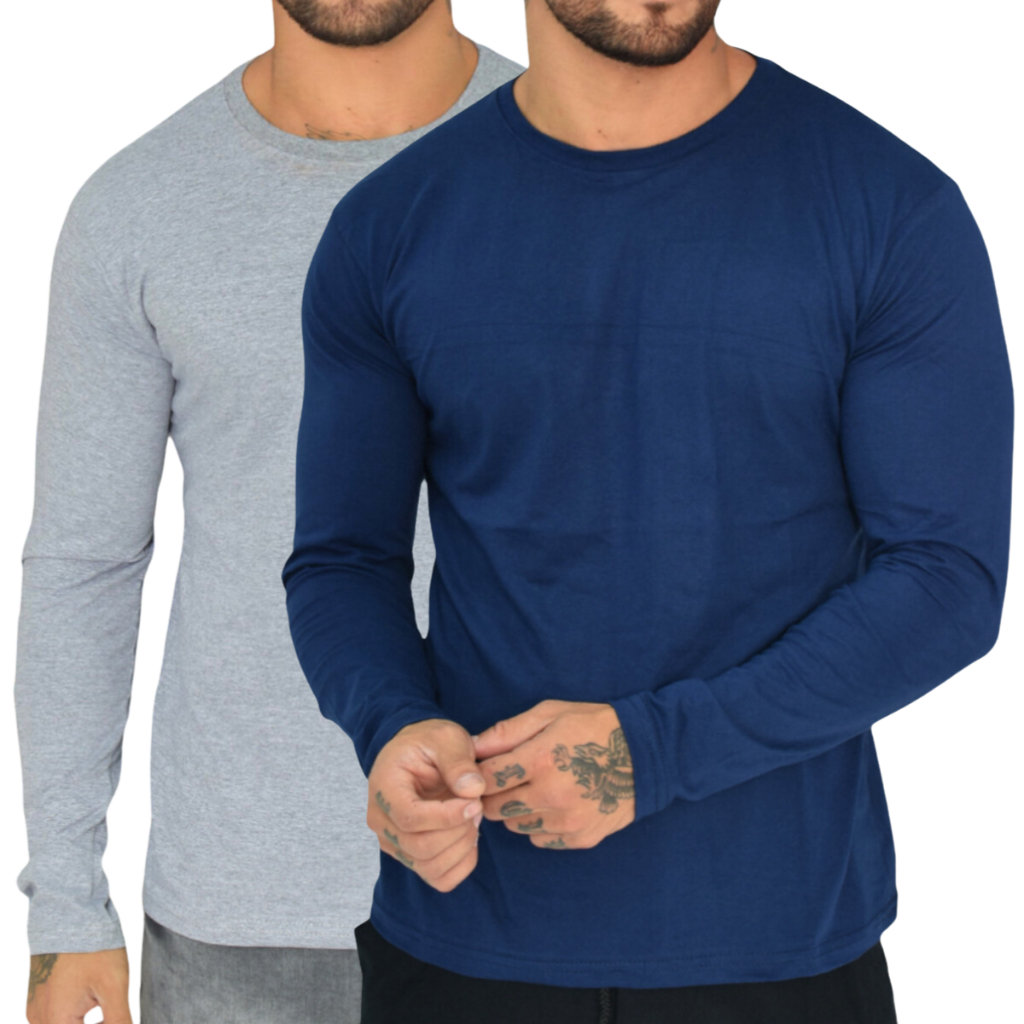 Kit c/ 2 Camisa Masculina Blusa Manga Longa Gola Careca