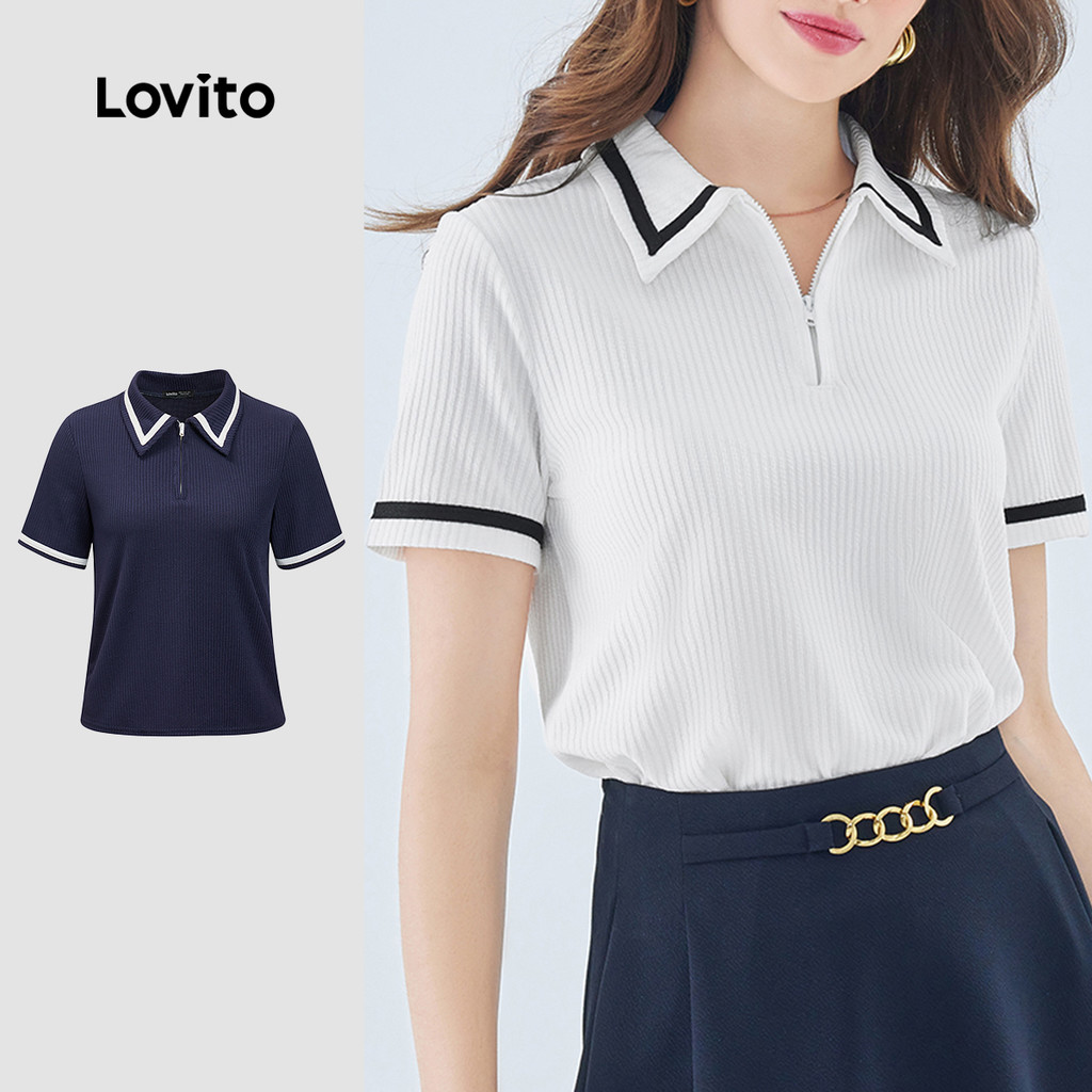 Lovito Camiseta Elegante Gola Lisa E Contrastante De Manga Curta Solta Verão/primavera Mulheres L49ED029 (Multicolorido)