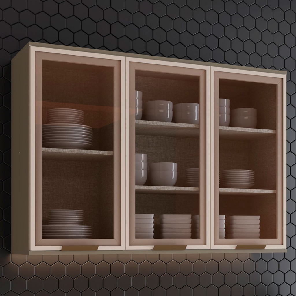 Armário Aéreo Cozinha 120 cm Connect 3 Portas com Vidro 100% Mdf Duna - Henn