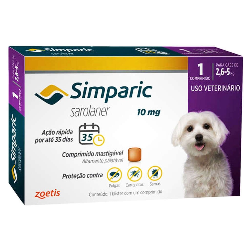 Antipulgas Simparic Tab 10mg para Cães de 2,5kg a 5kg com 1 comprimido