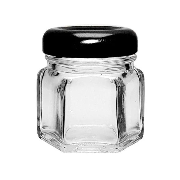 Pote de Vidro Sextavado com Tampa de Metal Preta - 35ml - 5x4,5cm - 01 unidade - Rizzo