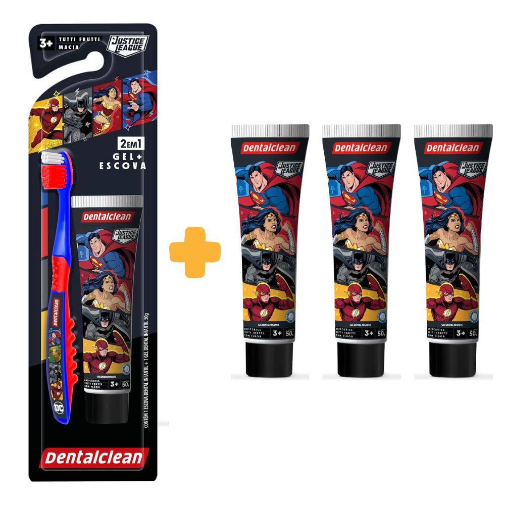 Kit Escova Dental Liga da Justiça com Gel Dental 50g + 3x Gel Infantil Sabor Tutti Frutti