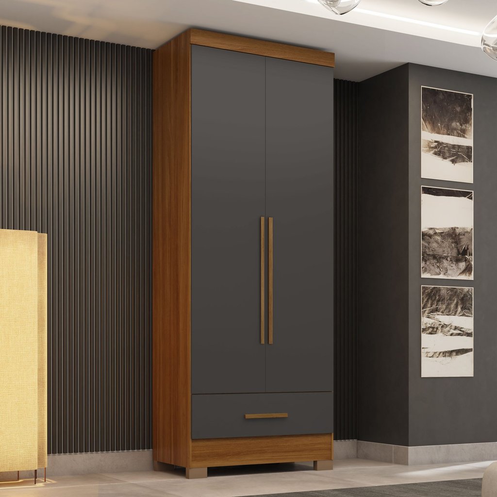 Guarda Roupa 100% MDF 2 Portas 1 Gaveta Smart Plus Espresso Móveis Cinamomo/Chumbo