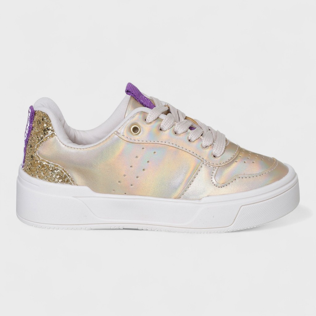 Tênis Infantil Feminino Elegante Cadarço Dourado Holografico