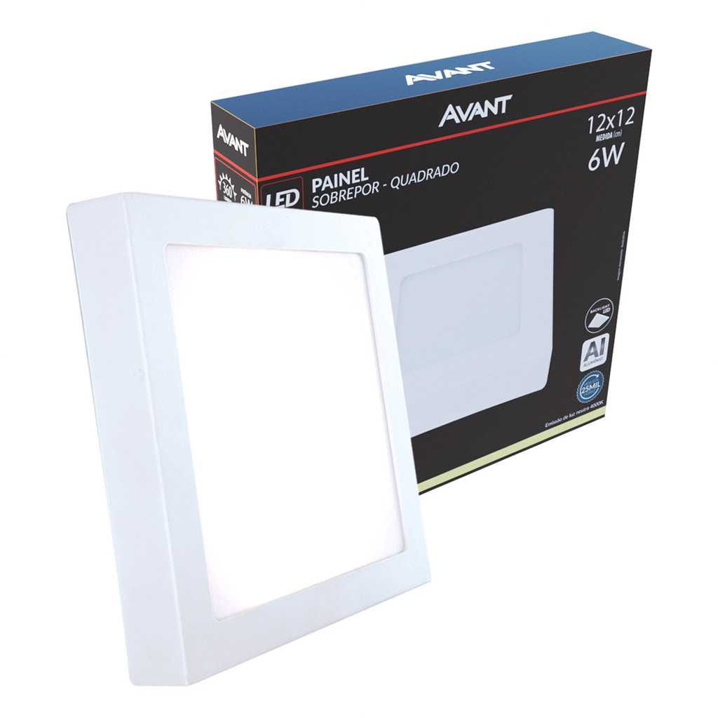 Painel Plafon Led Alu 6w 4000k Sob. Quadrado 110v/220v 12cm Avant