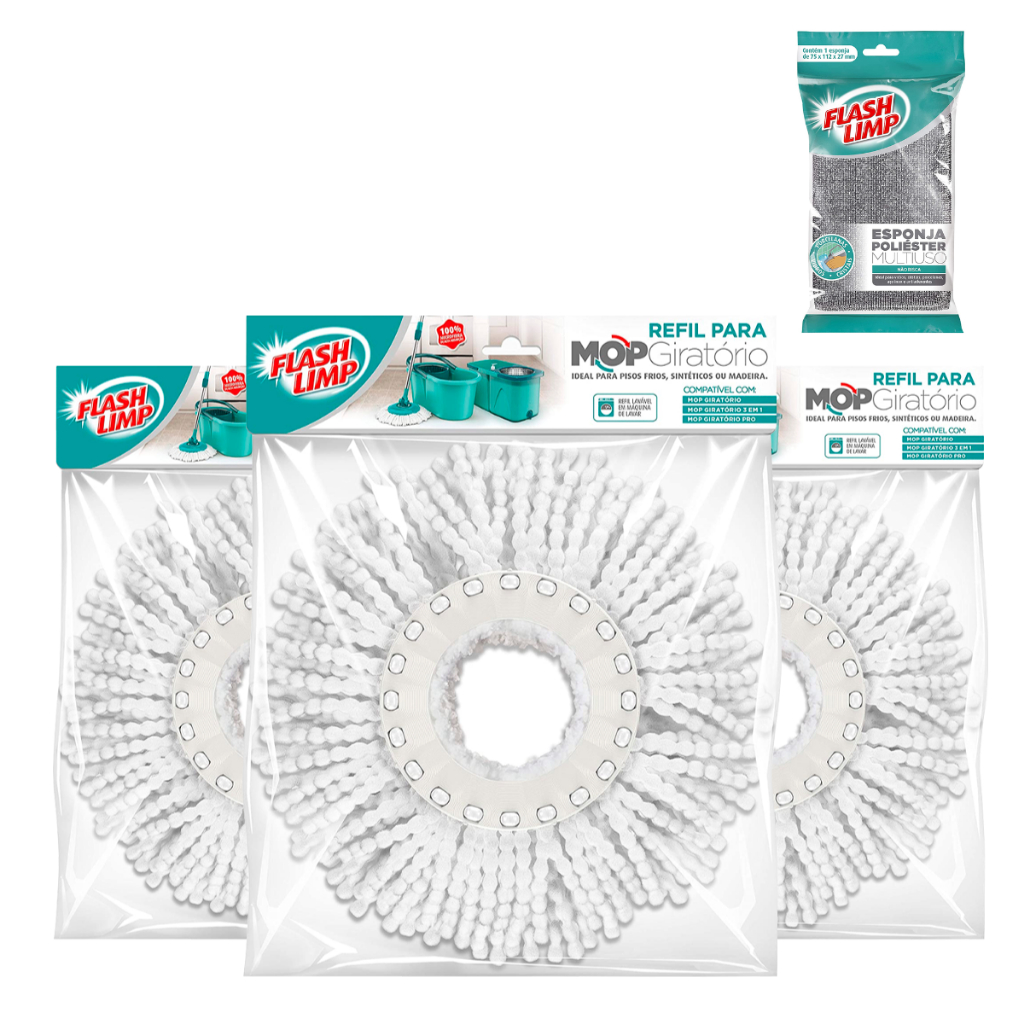 Kit 3 Refil Microfibra Para Mop Giratorio Limpeza Domestica + Esponja Poliester Multiuso Flash Limp