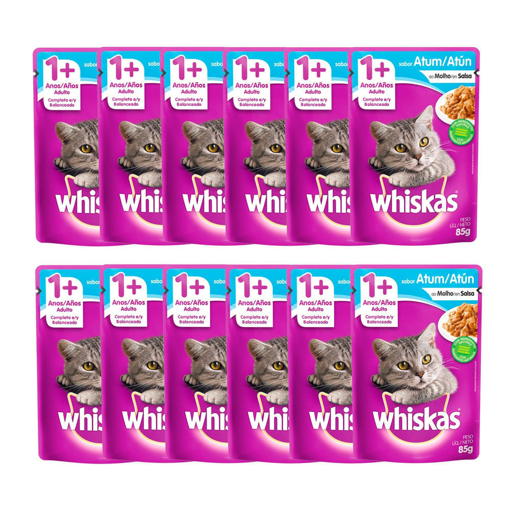 Kit 12 Ração Úmida para Gatos Whiskas Adulto 1+ Anos Sabor Atum ao Molho em Sachê 85g