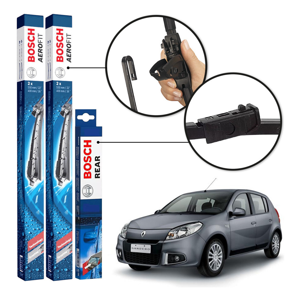 Kit C 3 Palhetas Parabrisa Bosch Renault Sandero 2007 A 2013