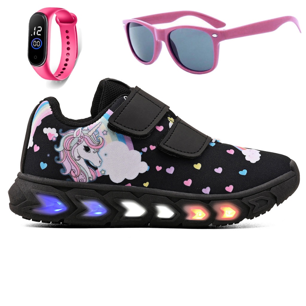 Tenis Infantil De Led Unicornio Meninas Casual + Oculos + Relogio