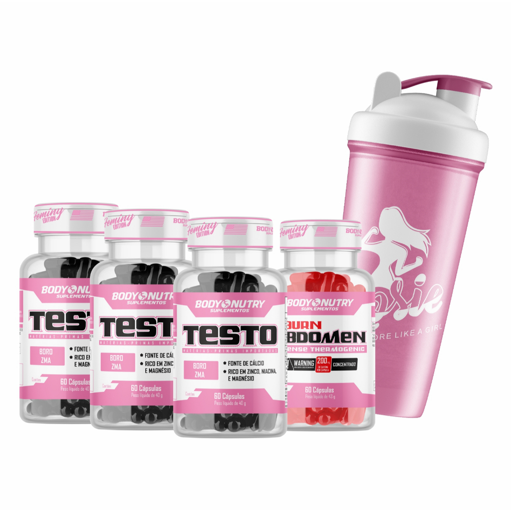 Kit Testo Feminy 180 cápsulas (ZInco, Boro, Magnésio, ZMA) + Cafeina Burn Feminy + Coqueteleira