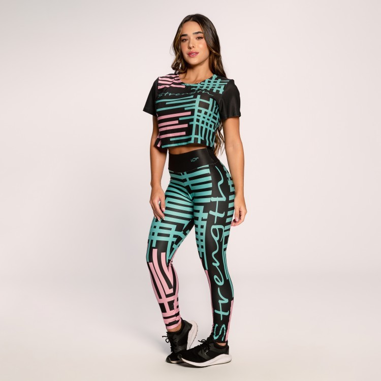 Conjunto Fitness Feminino Suplex Estampado Academia Feminino Cropped E Calça Strength