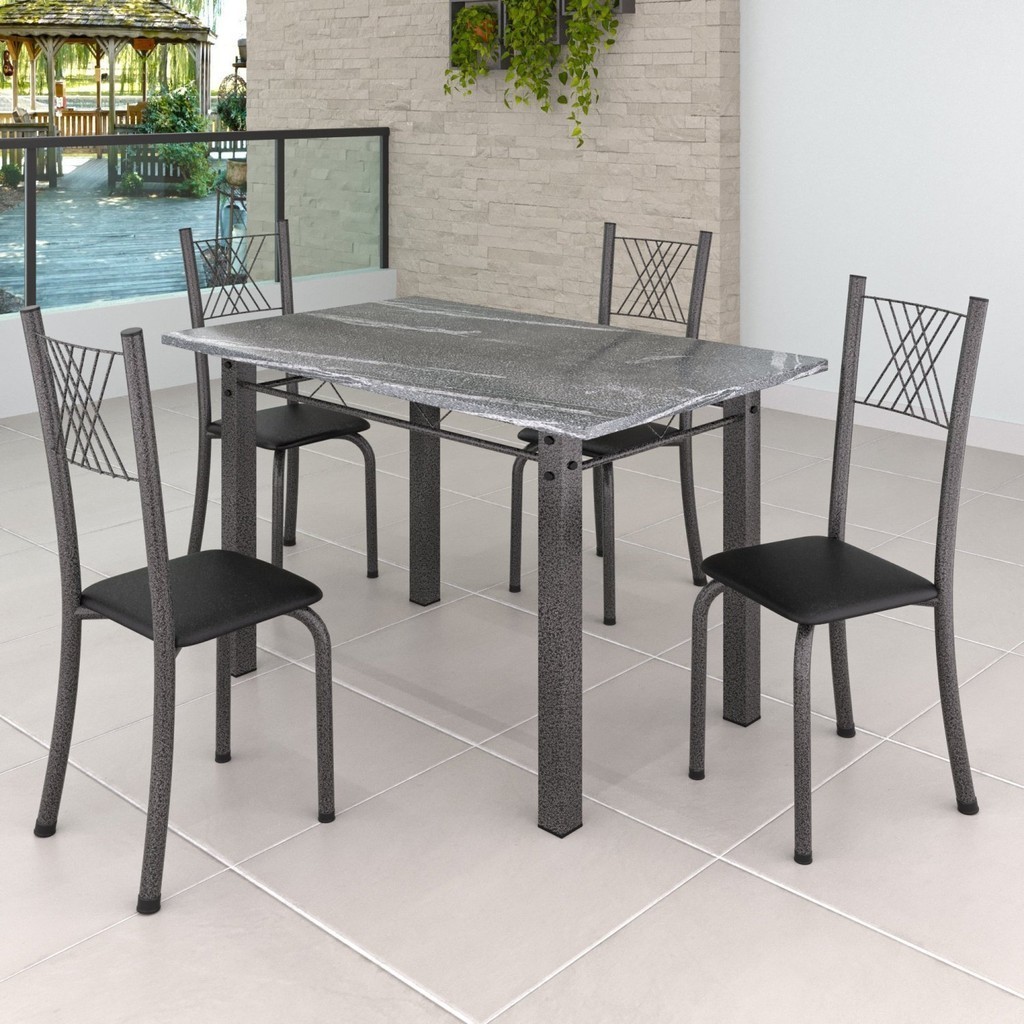Conjunto Mesa com 4 Cadeiras Tampo de Granito Topázio Sara Yescasa Preto/Prata