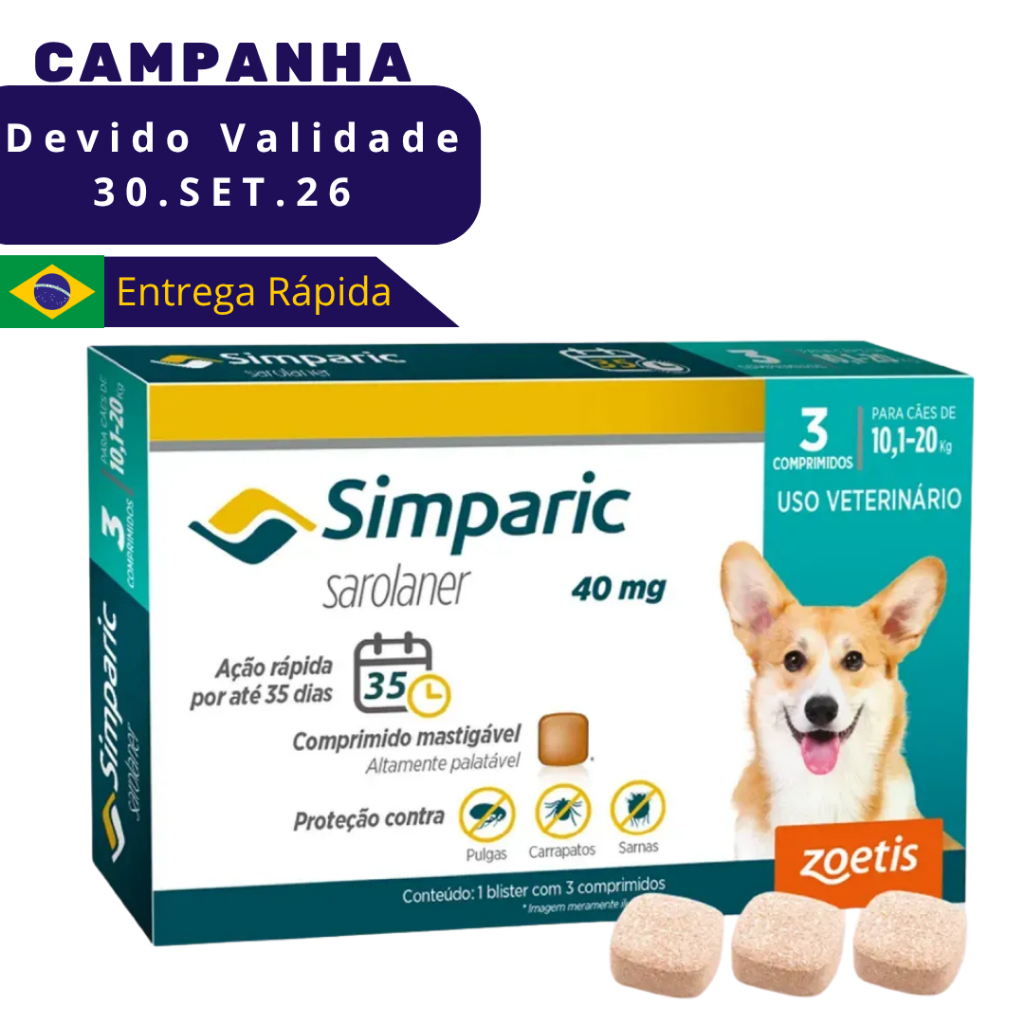 Simparic para Cães de 10,1 a 20 Kg (40 mg) Antipulgas e Carrapatos - 3 Comprimidos VENC SET26
