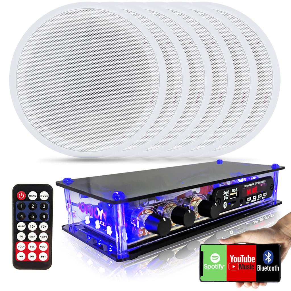 Kit Som Ambiente 6 Caixas de Som Arandelas de Embutir Gesso Pvc +  Amplificador Bluetooth Usb Aux 2 Canais