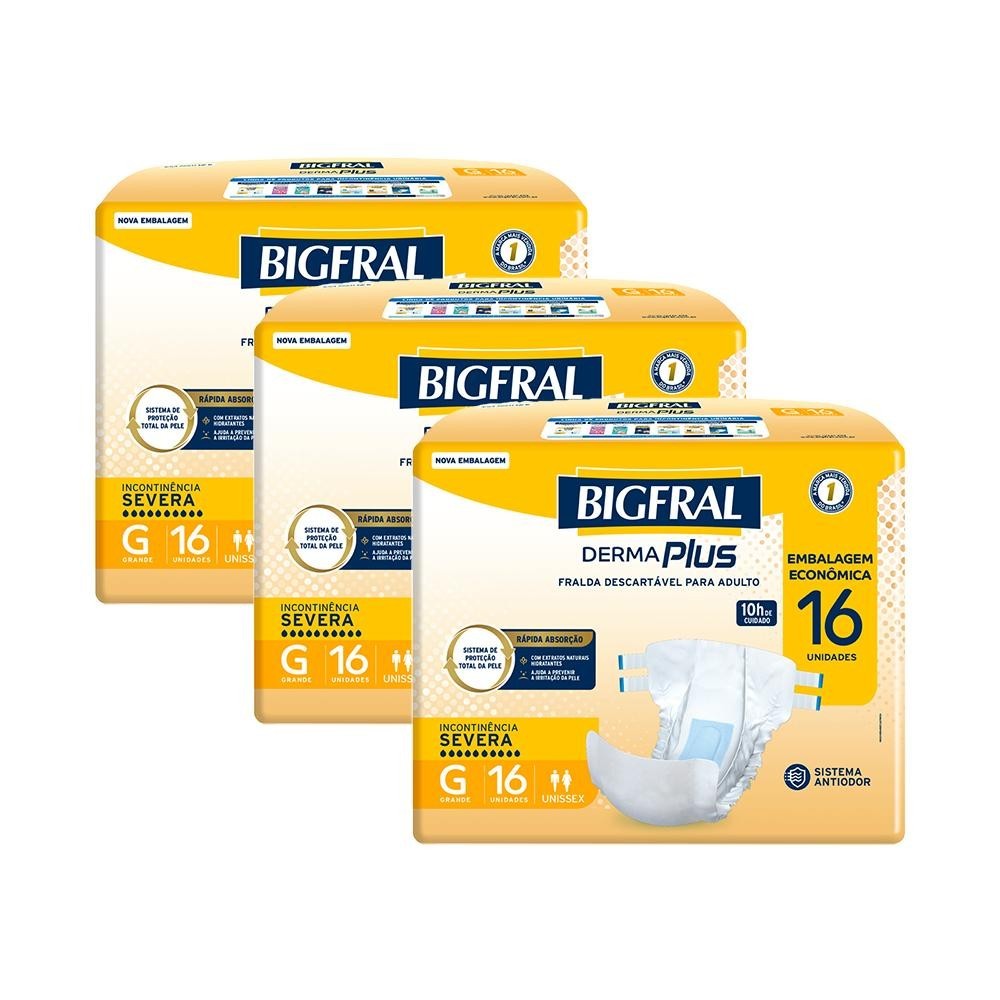 Kit 3 Fraldas Geriátricas Bigfral Derma Plus G com 16un cada