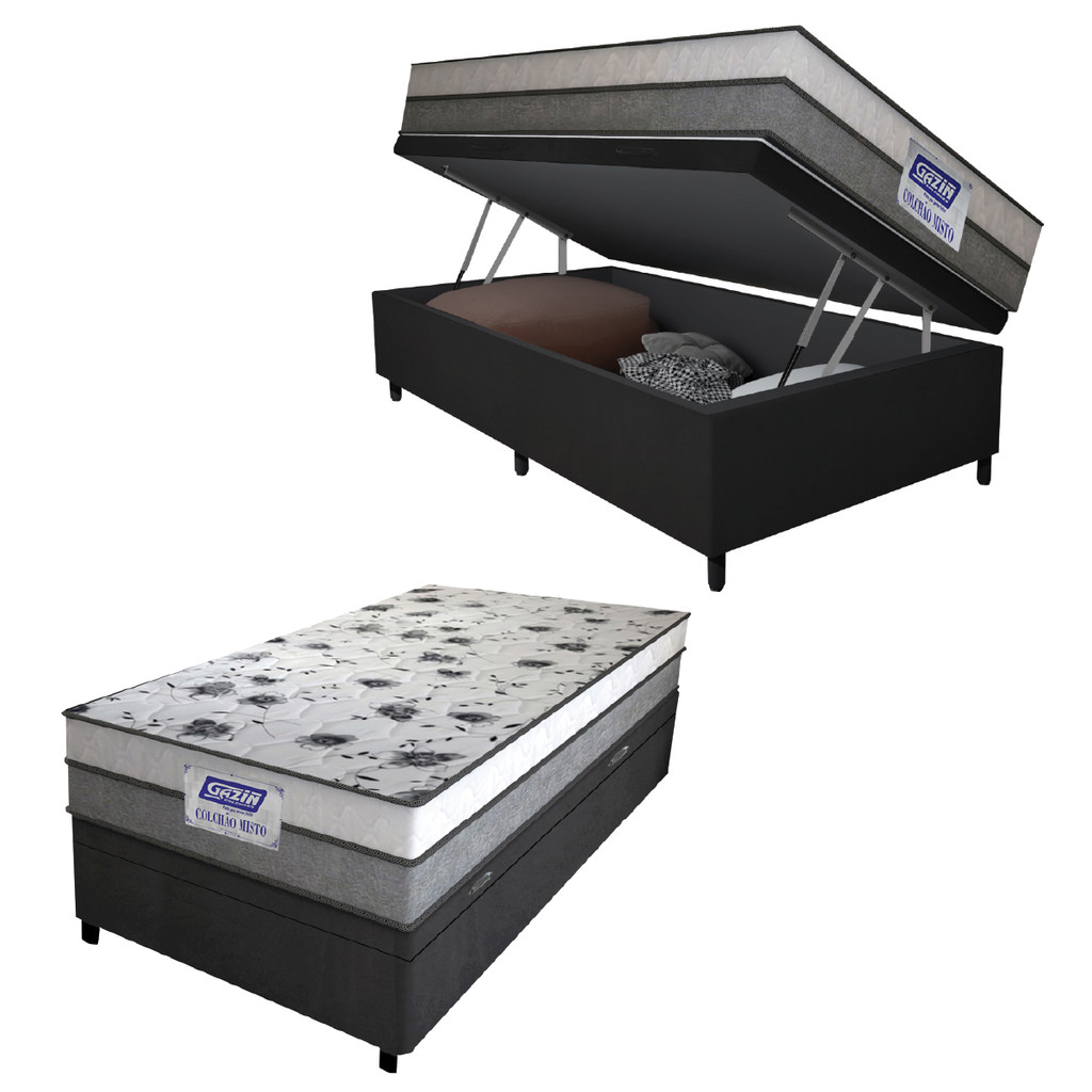 Cama Box Baú Solteiro Colchão Espuma D33 Fort 88x188x62cm Cinza / Branco Gazin  - Suporta até 150kg por Pessoa