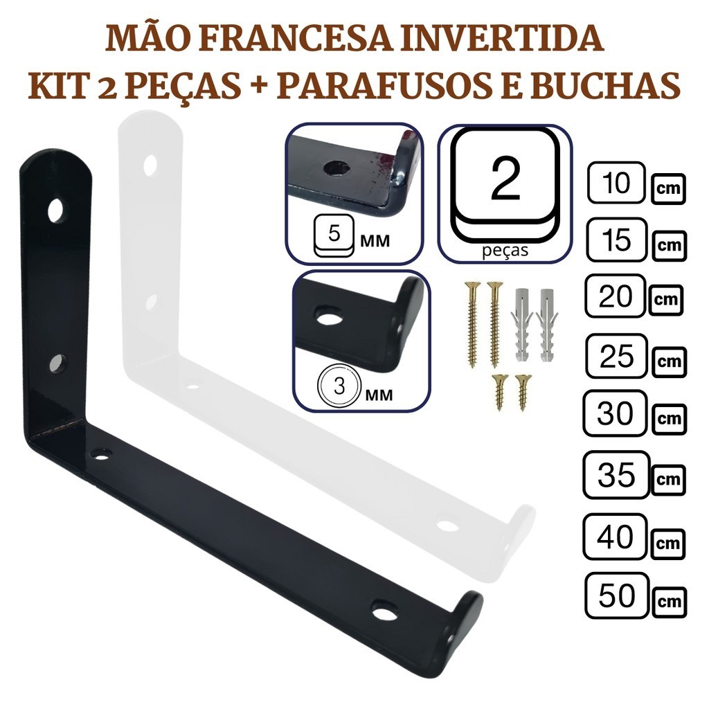 Mão Francesa Invertida 2 Peças Suporte Prateleira Industrial Cantoneira Gancho Parede Branca Preta