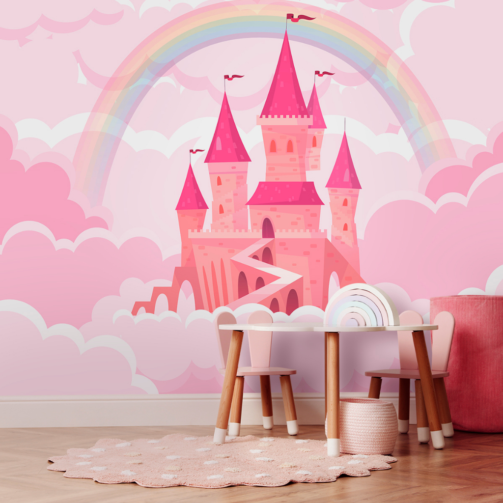 Papel De Parede Personalizado Castelo Princesas Com Arco-Íris Decoração Quarto Menina