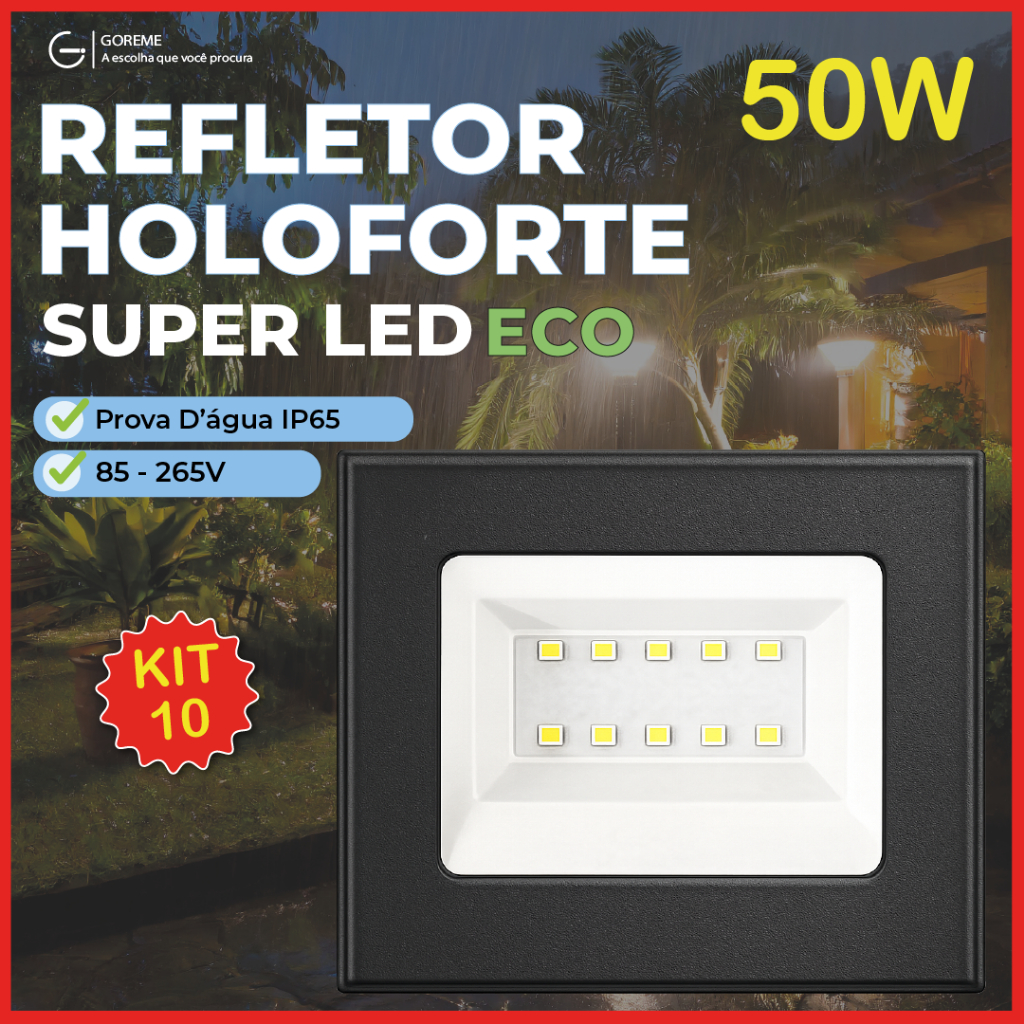 Kit 10 Holofote Refletor Led ECO Pro 50W Branco Frio 6500K Branco Quente Verde| IP65 | Luz Econômica | Para Jardim