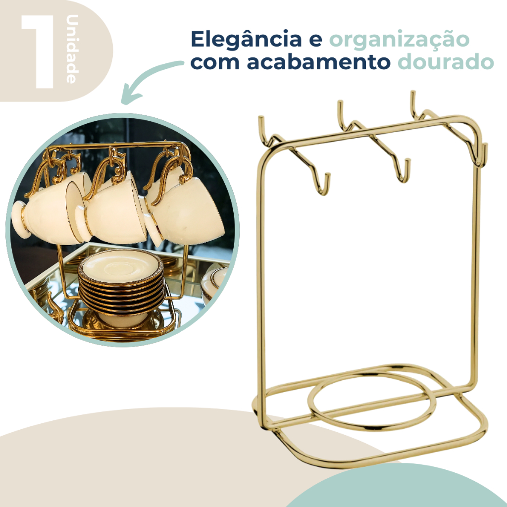 Suporte Organizador Porta Xícaras De Chá e Pires Com 6 Ganchos Dourado Future