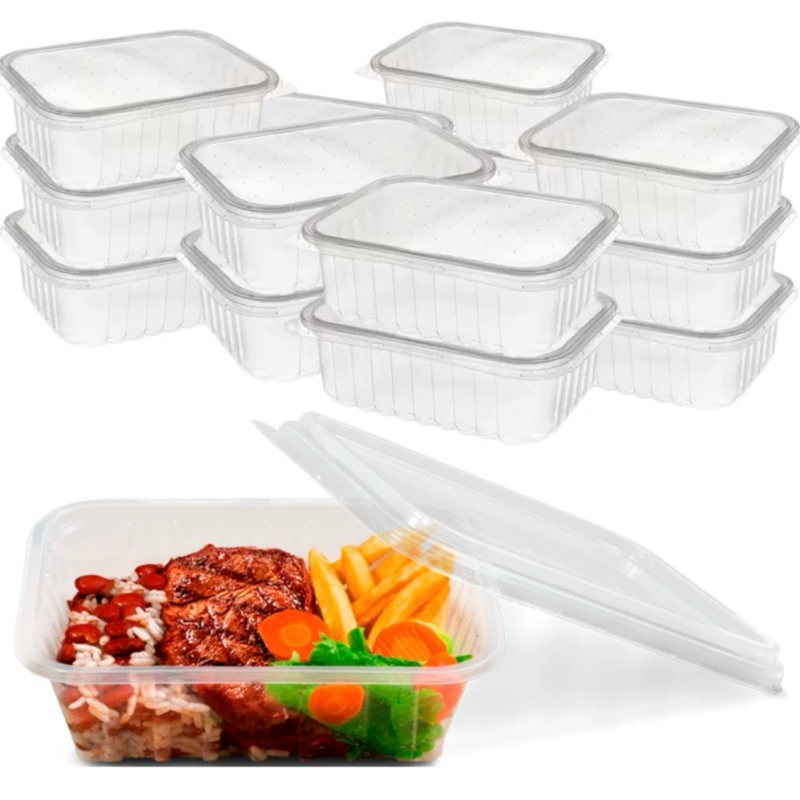 Kit 24~96 Unid. Pote Plastico Retangular Descartável 350 ml Microondas Freezer Marmita Fit OFF
