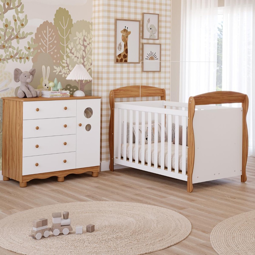 Quarto Bebê Completo Berço Americano Marquesa 3Em1 Cômoda Bolinha 4 Gavetas 1 Porta 100% MDF