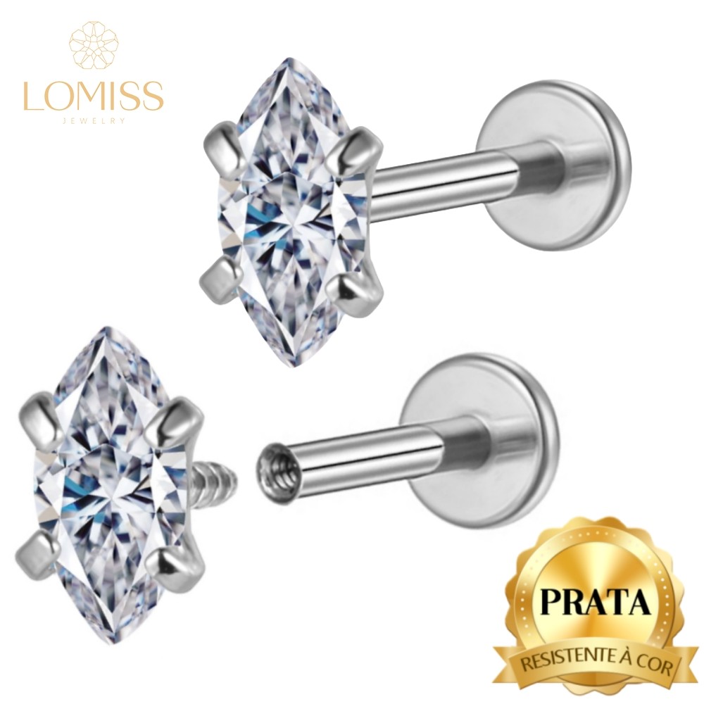 Piercing Labret Prata 925 Oval Com Pontas Ponto De Luz Grau de Implante Helix Tragus Conch Boca Orelha