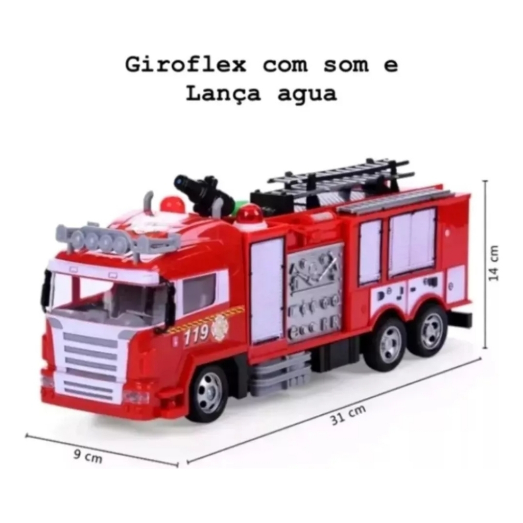 Caminhão Carro Carrinho Corpo Bombeiro com Controle Remoto Acende Giroflex com Som e Lança Agua