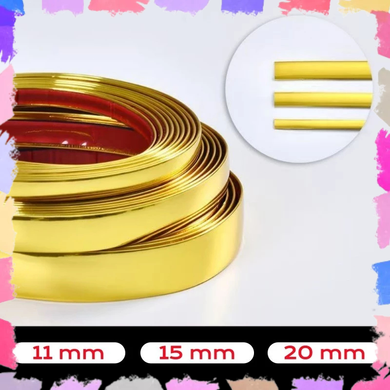 Fita Metalizada para Decoração 5 Metros, Adesivo Dupla Face PVC com Várias Larguras (11 a 20mm) para Parede, Porta