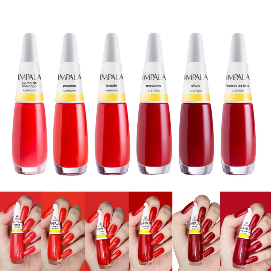 Kit 6 Esmaltes Impala Atacado Tons Vermelho Cremoso Intenso Cobertura Perfeita
