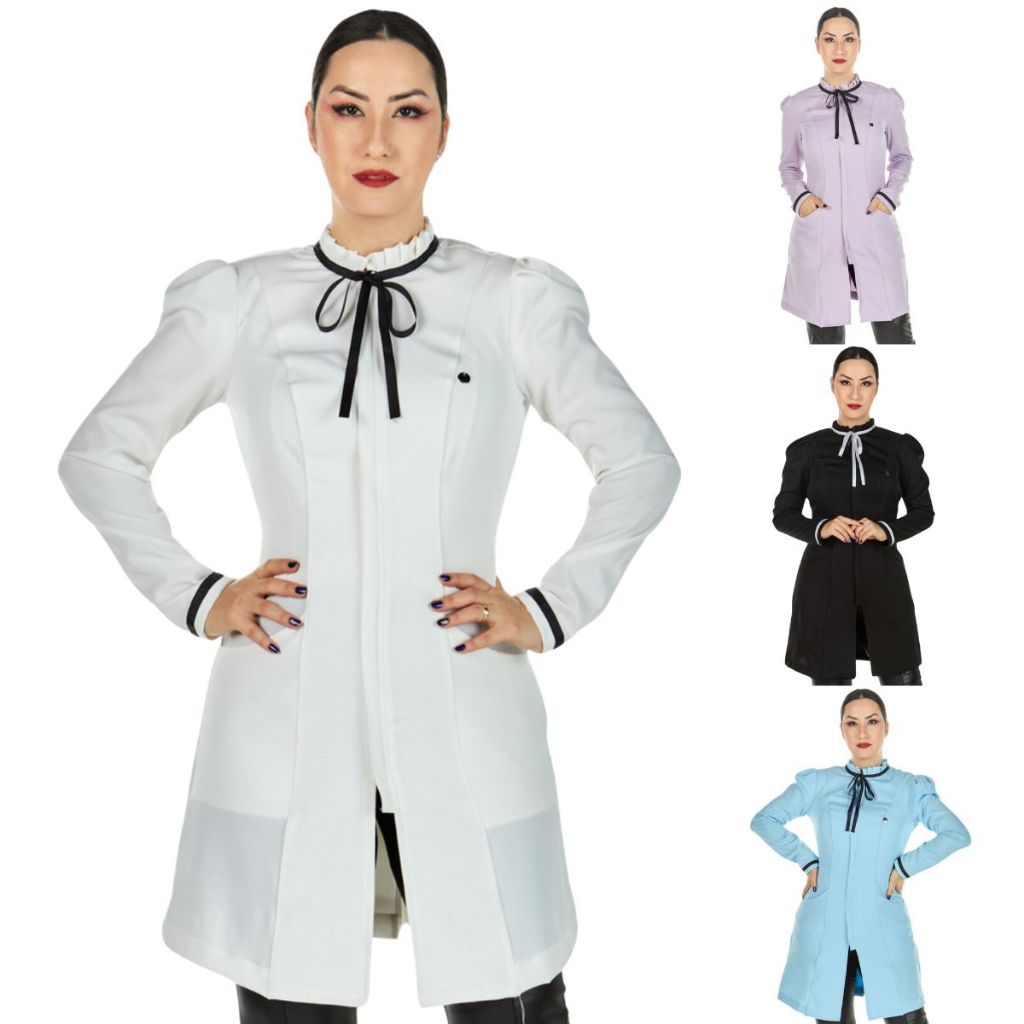 Jaleco Feminino Acinturado Gola Laço Manga Longa Várias Cores Esteticista Clínica Profissional Salão de Beleza