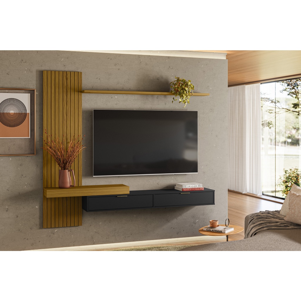 Painel Italy Ripado P/Tvs até 65 180cm Tv na Parede Nicho C/Portas Basc Cedro/Preto - Olivar Móveis