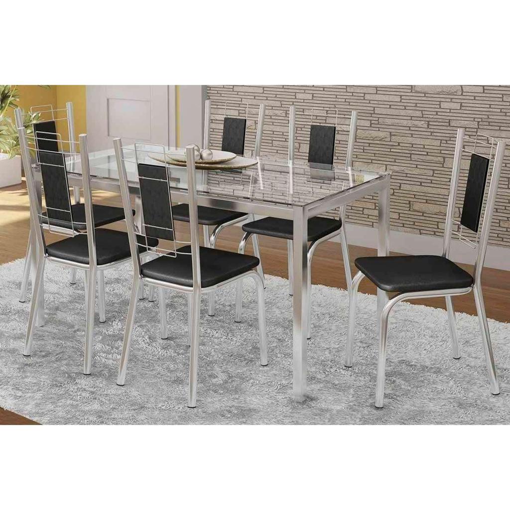 Sala de Jantar Completa Reno c/ Tampo de Vidro 150x80cm e 6 Cadeiras Florença Cromada/Preto 110 - Kappesberg