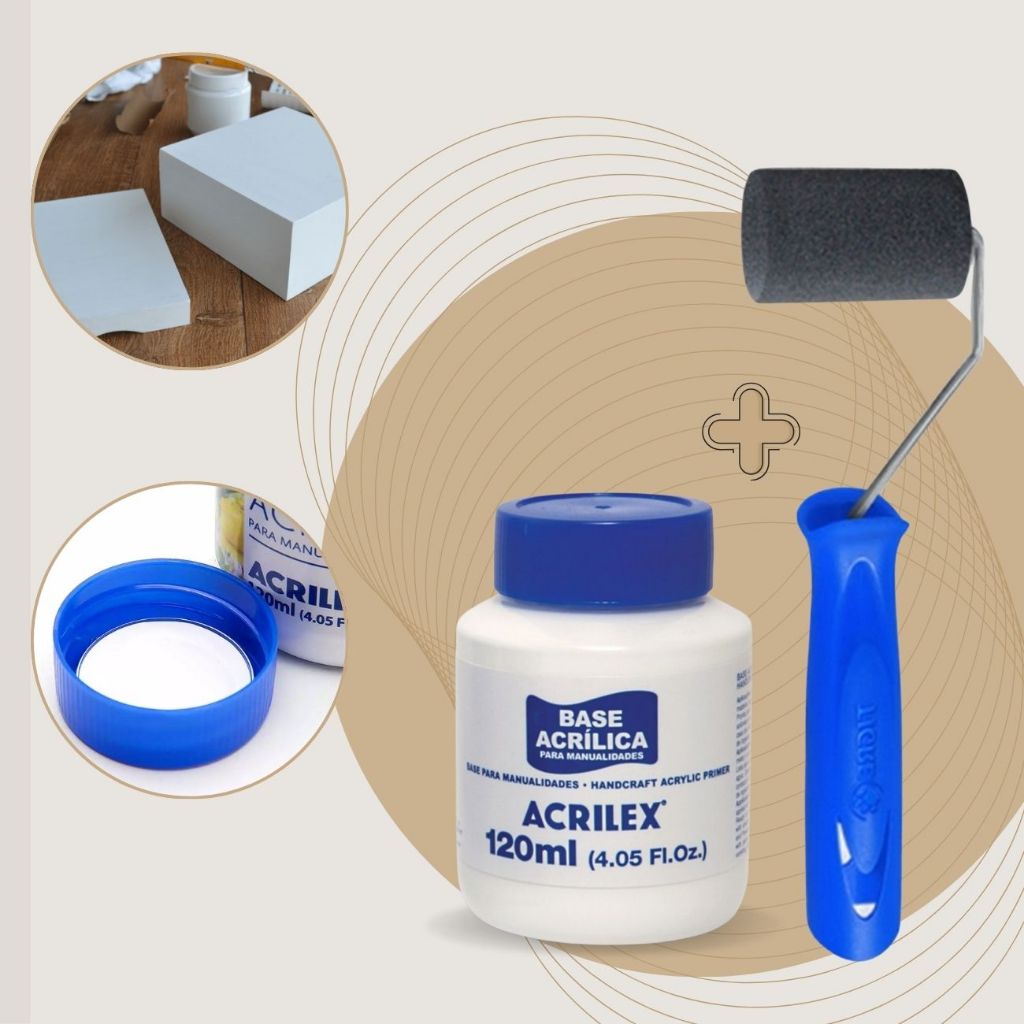 Base Acrílica para Artesanato Branca 120ml Acrilex + Rolo Pintura Tigre Kit para Pintura Madeira MDF