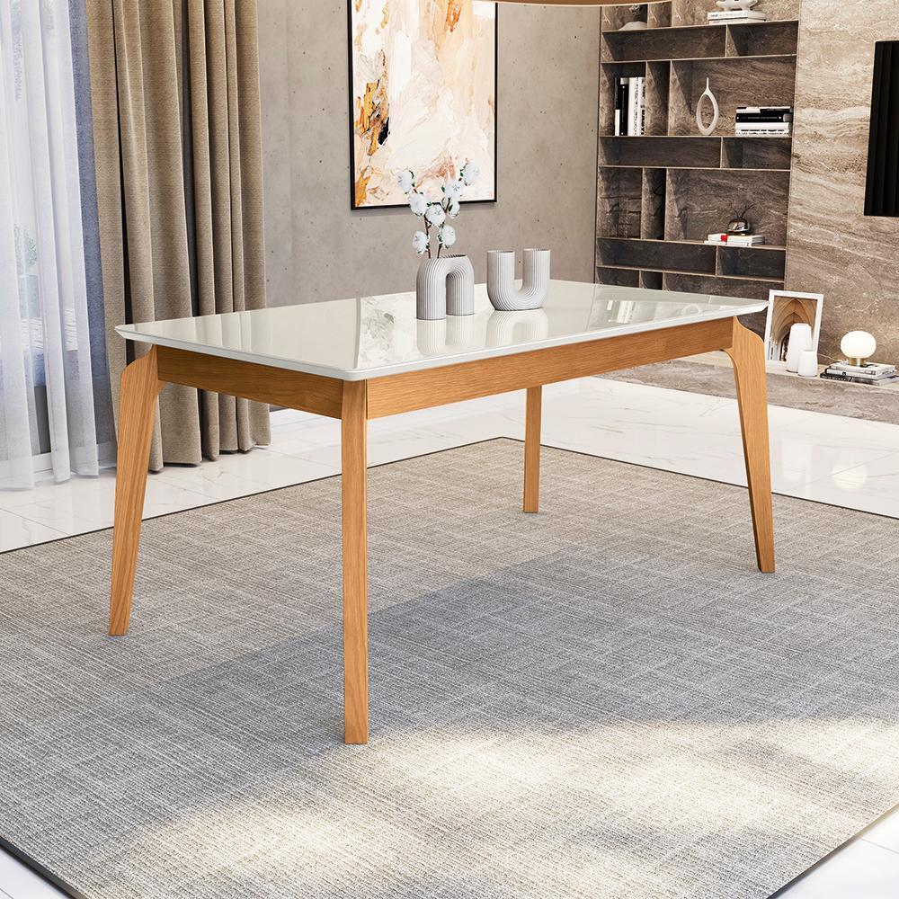 Mesa de Jantar Kappesberg em Madeira Maciça com Tampo de Vidro Off White 160cm