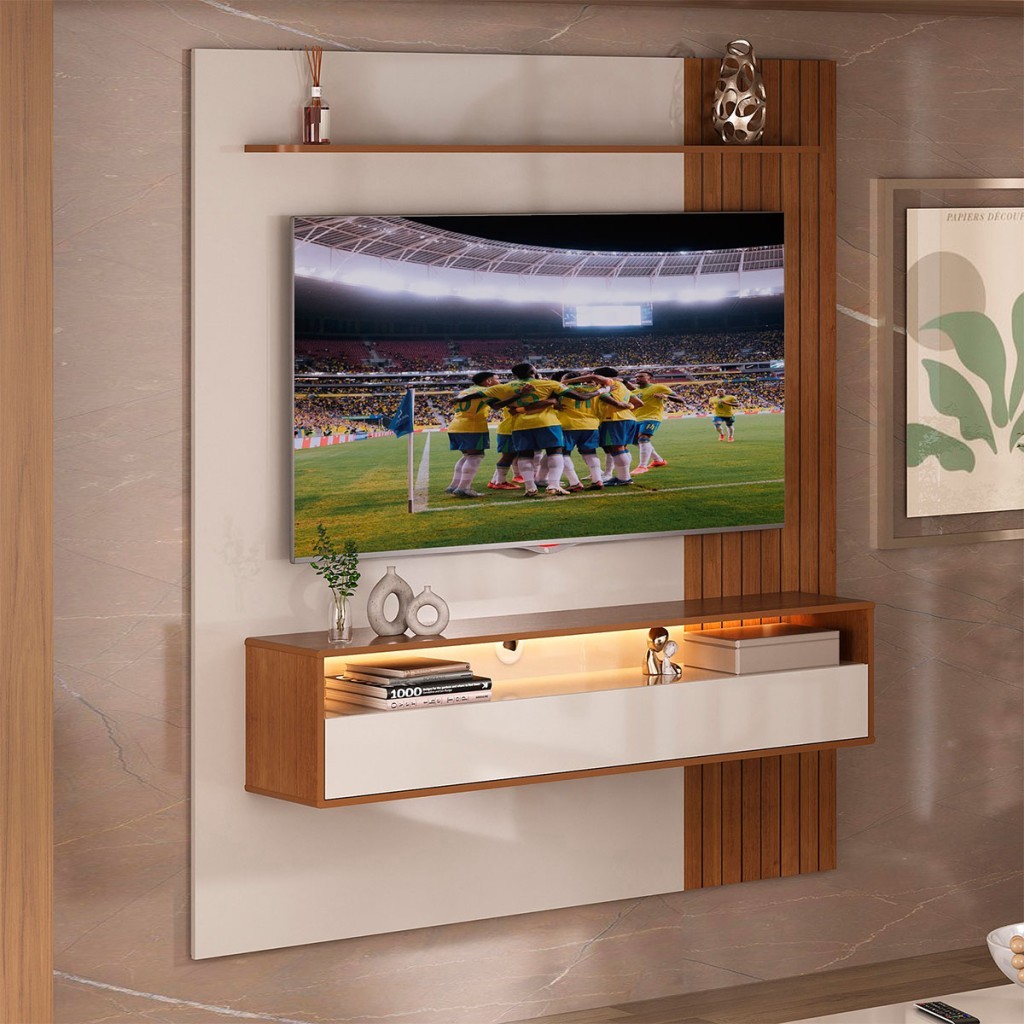 Painel para TV Até 65 Polegadas Matisse Frisado 1 Porta Basculante Cinamomo/Off White - Artely