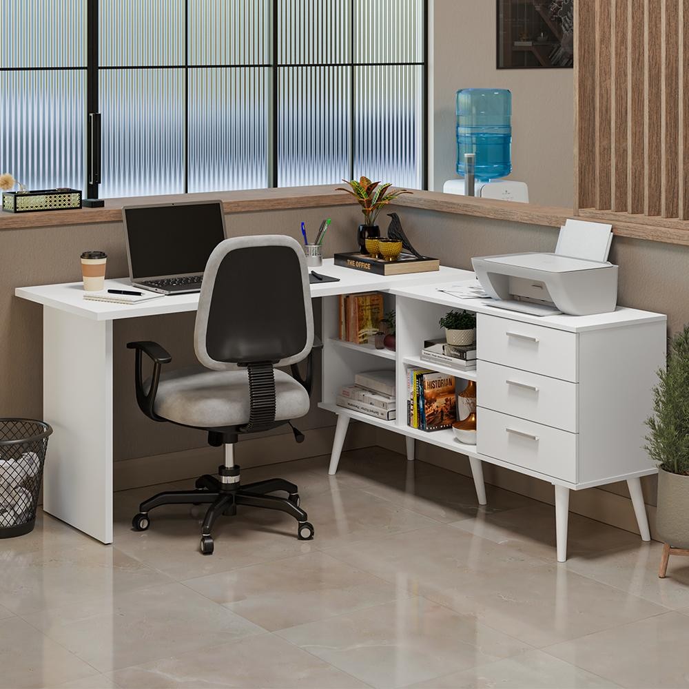 Mesa de Escritório em L 3 Gavetas Branco Lisboa Madesa