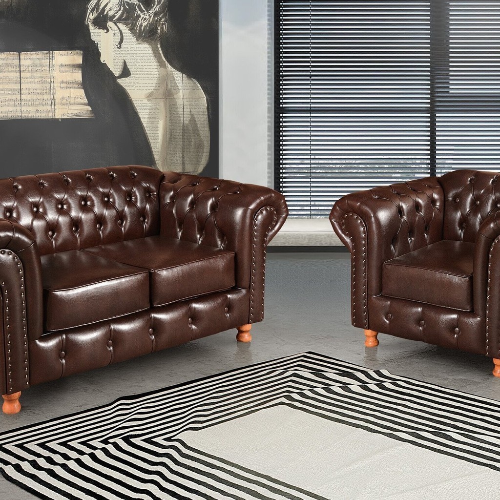 Conjunto Sofá 2 Lugares e Poltrona Luis Xv Chesterfield Vintage Marrom Café Café