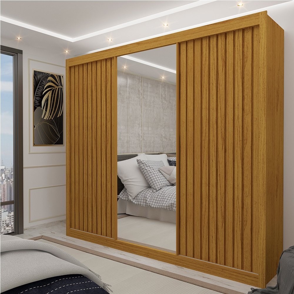Guarda Roupa Casal com Espelho 3 Portas Royale Ripado 100% MDF Naturale
