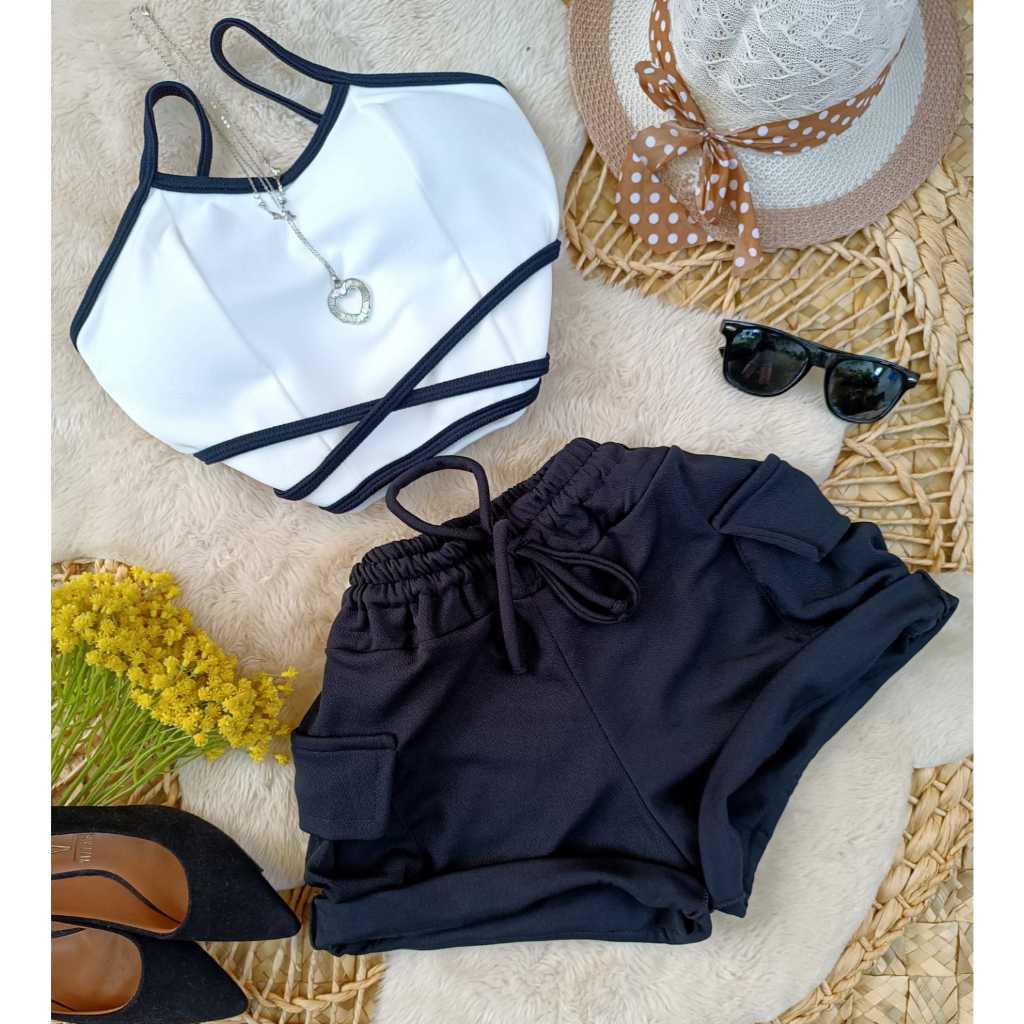 Conjunto Feminino Short Cargo Cós alto + Cropped Com Bojo