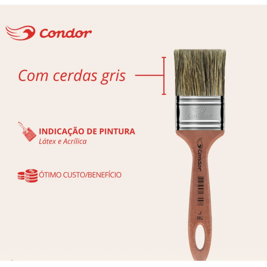 Trincha/Pincel Condor Ref.700  (Cerdas Gris - Látex e Acrílica) - UNIDADE