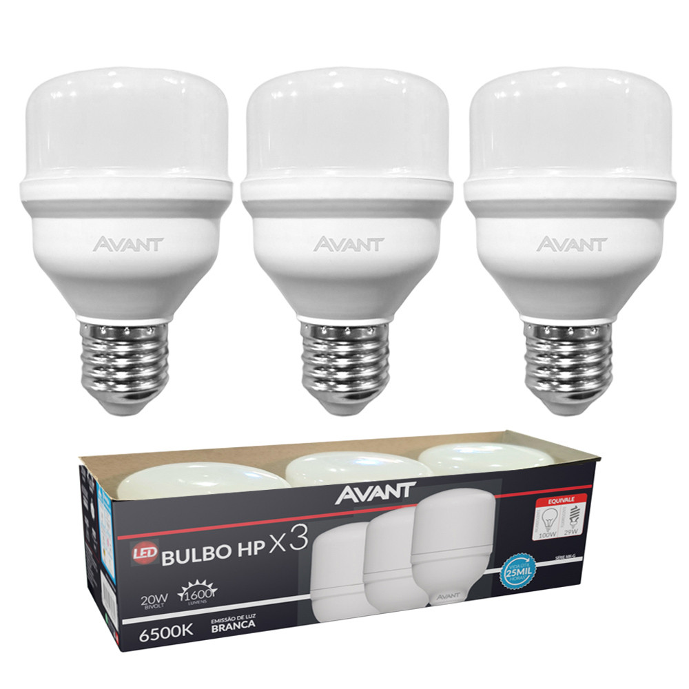 Kit 3 Lampada Bulbo 20W Luz Branco Frio 1600lm 127v 220v Soquete E27 Led Avan