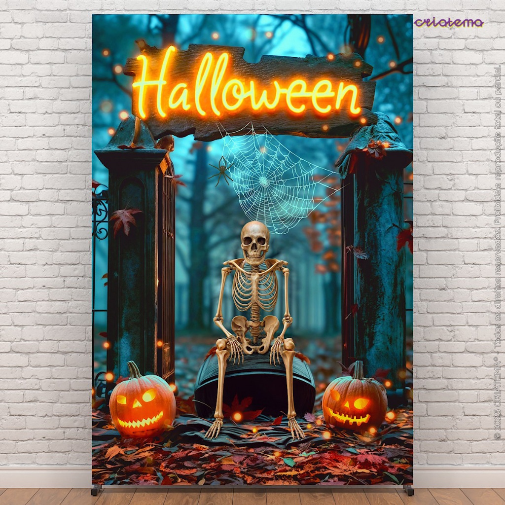 Painel de Festa Decoração Halloween Cemitério Retangular Lateral Sublimado Tecido 1,50x2,20 - ANV-3110