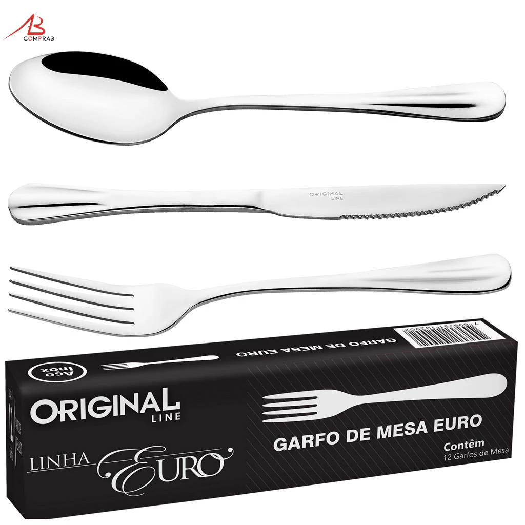 Kit 12 Garfo 12 Faca 12 Colher Mesa Aço Inox Mesa Restaurante Buffet Euro Premium Original Line