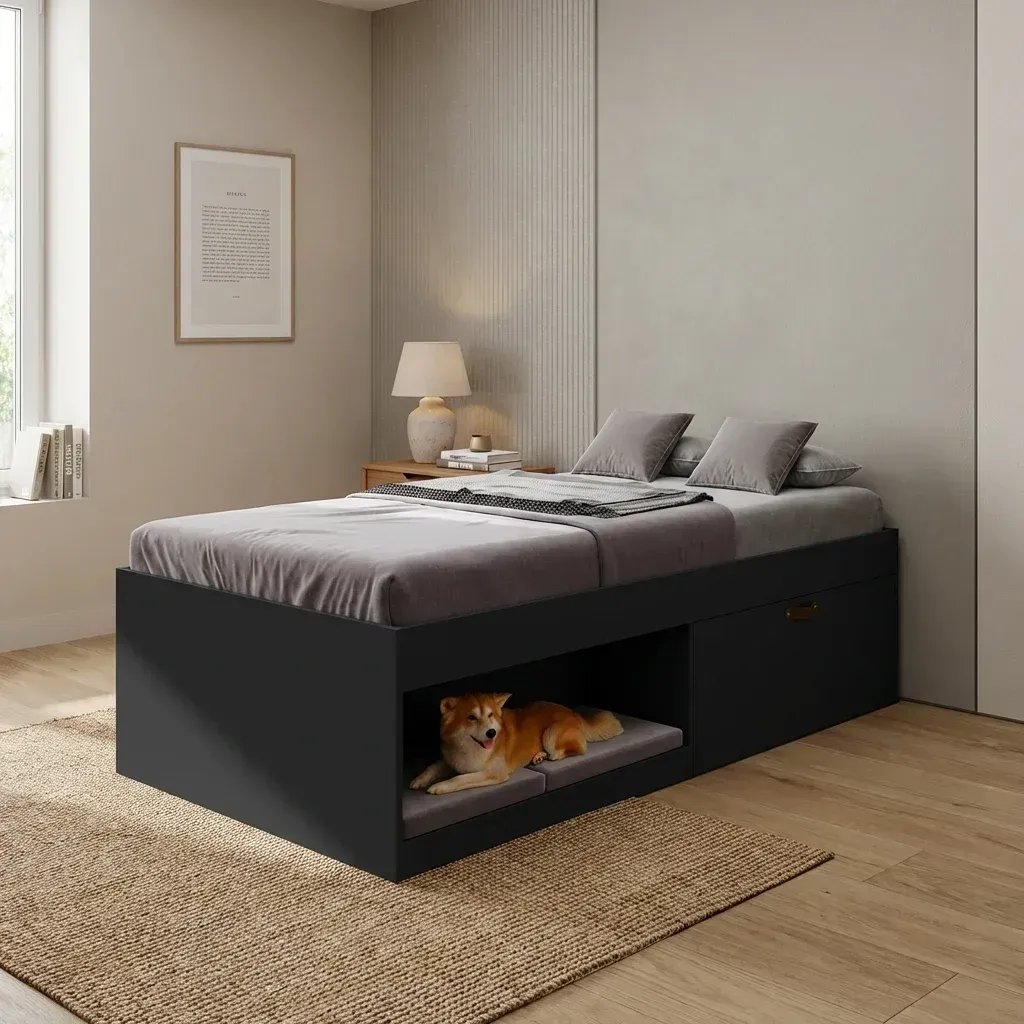 Cama Solteiro com Sapateira e Nicho Laura Yescasa Preto Preto