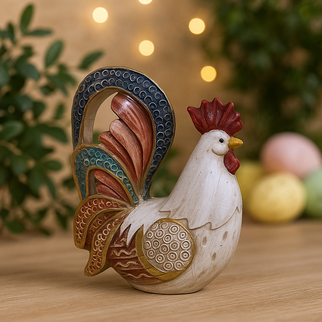 Galo Decorativo em Gesso Colorido – Enfeite Rústico para Cozinha, Mesa ou Prateleira
