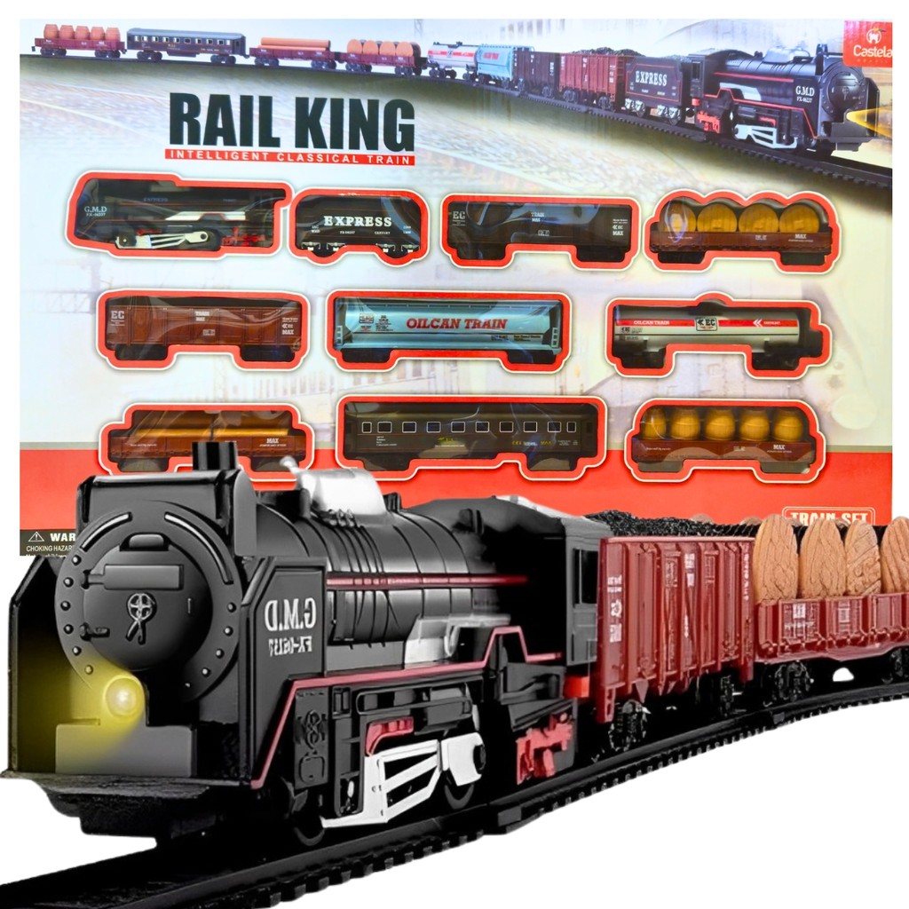 Trem Brinquedo Locomotiva 9 Vagões Trenzinho Classico Luz Som Castela